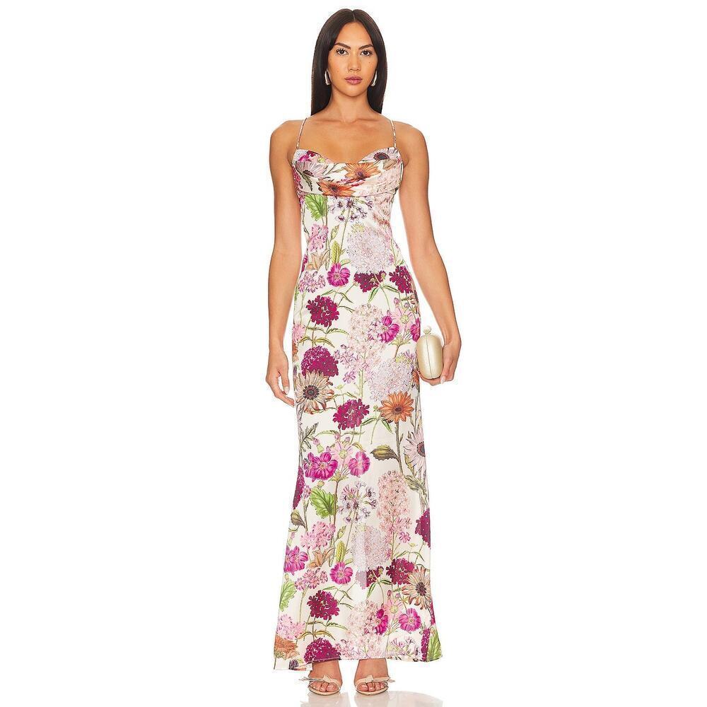 Katie Mae Tara Dress XL Pink Daisy Floral Print Maxi Dress Satin Gown MSRP $298 - Picture 1 of 14